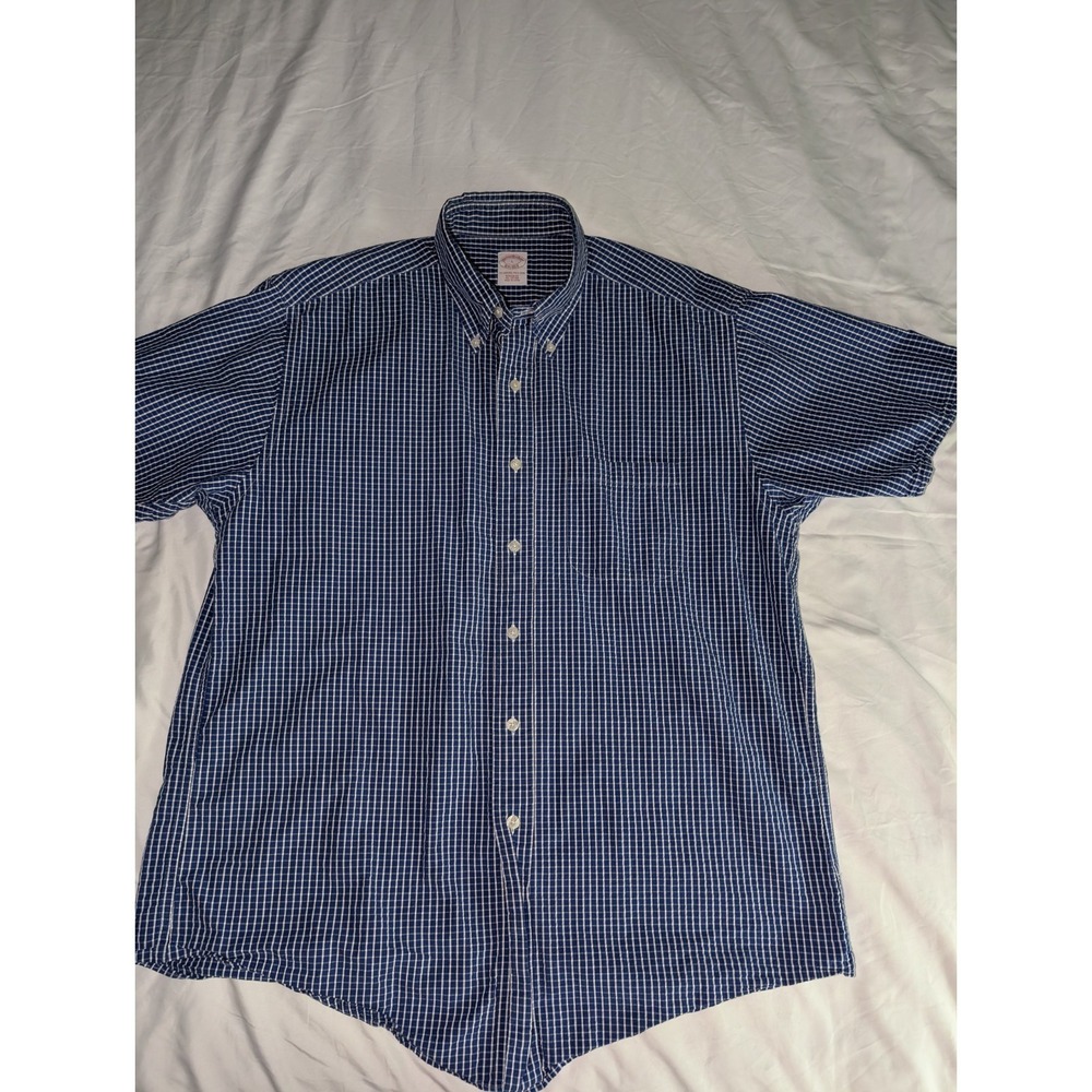 Brooks‎ Brothers 1818 Mens Large Blue Checkered Short Sleeve Casual Button Down